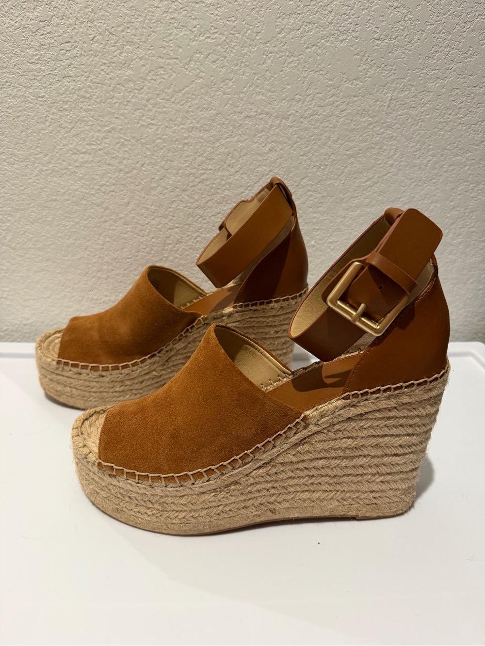 Marc Fisher Tan Suede Espadrille Wedge Adalyn Sandals with Ankle Strap